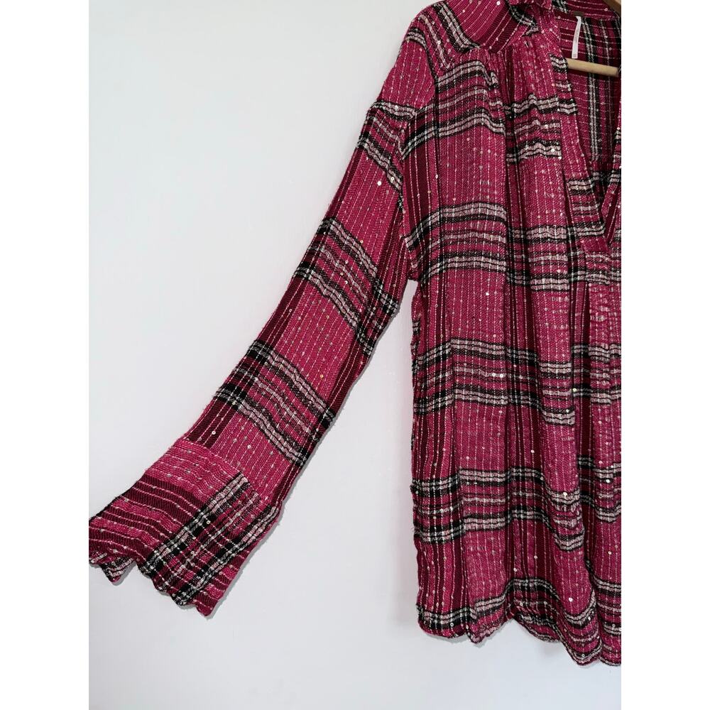 FREE PEOPLE red black tartan metallic Fearless Love oversized pullover top - Picture 3 of 11